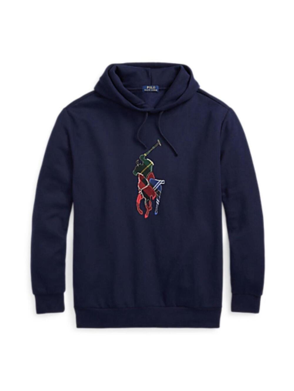Polo Ralph Lauren Mens Madras Patchwork Big Pony Fleece Navy Blue Hoodie LG NWOT